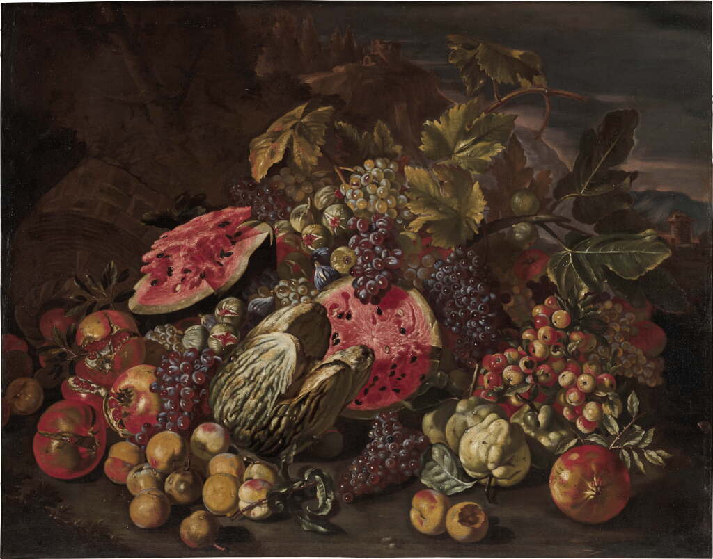 View full screen - View 1 of Lot 63. Still life of watermelons, pomegranates, bunches of grapes and other fruit in a landscape .