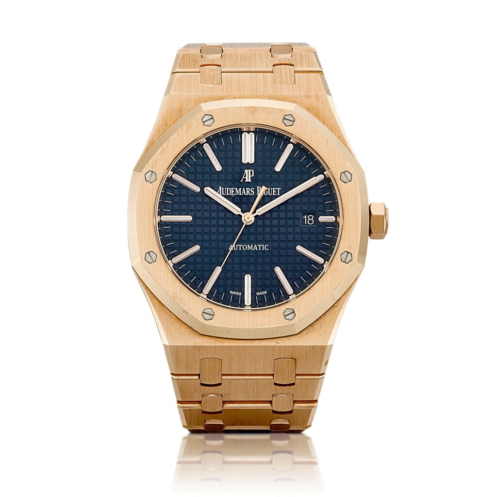 View full screen - View 1 of Lot 8021. Royal Oak, Reference 15400OR.OO.1220OR.03 | A pink gold bracelet watch with date, Circa 2016 | 愛彼 | 皇家橡樹系列 型號15400OR.OO.1220OR.03 | 粉紅金鏈帶腕錶,備日期顯示,約2016年製.