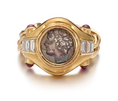View full screen - View 1 of Lot 1106. BULGARI | 'MONETE' GOLD, ANCIENT COIN, DIAMOND AND RUBY RING | 寶格麗 'Monete' 18K金, 古錢幣 配 鑽石 及 紅寶石 戒指.
