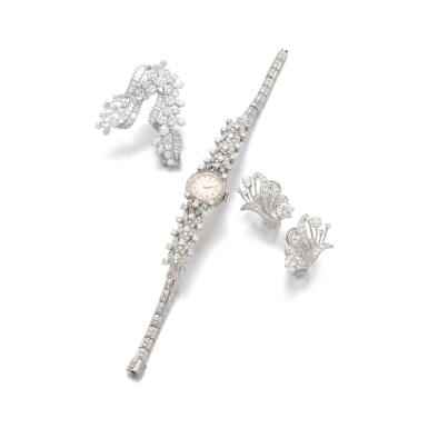 View full screen - View 1 of Lot 334. LADY'S DIAMOND WRISTWATCH, GÜBELIN, A BROOCH AND A PAIR OF EAR CLIPS, 1950S.