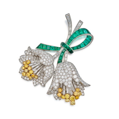 View full screen - View 1 of Lot 90. Diamond, Colored Diamond and Emerald Brooch, France.