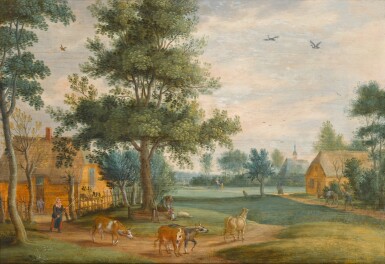 View full screen - View 1 of Lot 12. Village landscape with cows and staffage walking on a path in the foreground.