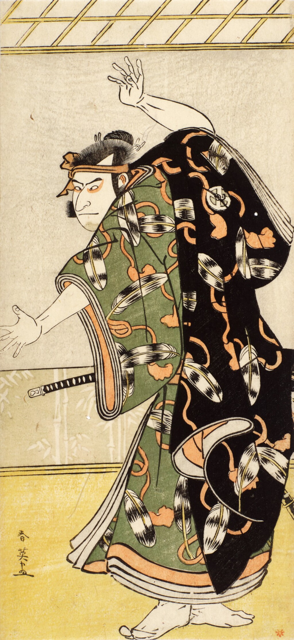 View full screen - View 1 of Lot 14. KATSUKAWA SHUN'EI, (1762–1819), EDO PERIOD, LATE 18TH CENTURY | A FULL LENGTH PORTRAIT OF AN ACTOR IN A DRAMATIC POSE .
