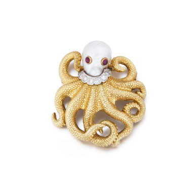 View full screen - View 1 of Lot 254. Ruby, cultured pearl and diamond brooch | Broche rubis, perle de culture et diamants.