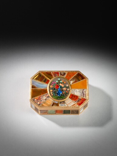 View full screen - View 1 of Lot 66. A gold and hardstone 'Steinkabinett' box, Johann Christian Neuber, Dresden, circa 1785.