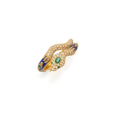 View full screen - View 1 of Lot 229. Gold, Emerald, Diamond and Enamel Bracelet.