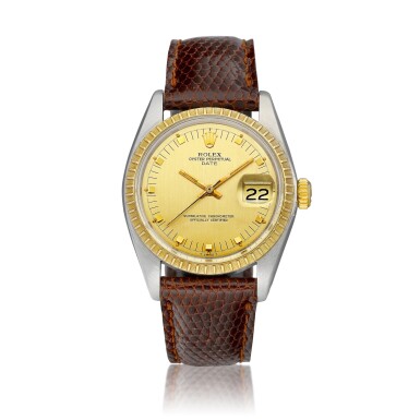 View full screen - View 1 of Lot 8191. Date, Reference 1505 | A yellow gold and stainless steel wristwatch with date, Circa 1979 | 勞力士 |Date 型號1505 | 黃金及精鋼腕錶,備日期顯示,約1979年製.