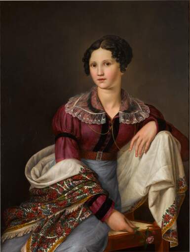 View full screen - View 1 of Lot 111. Portrait of an elegantly dressed lady, three-quarter-length, seated, holding a sprig of wild roses.