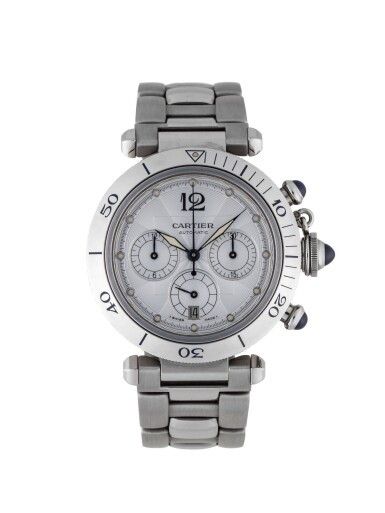 View full screen - View 1 of Lot 17. CARTIER | PASHA, REF 2113 STAINLESS STEEL CHRONOGRAPH WRISTWATCH WITH DATE AND BRACELET CIRCA 2000.