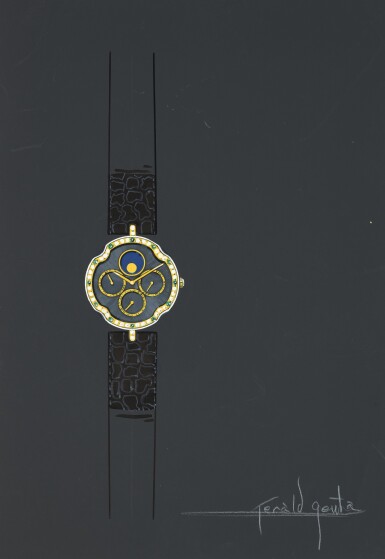 View full screen - View 1 of Lot 13. An original prototype design of gem-set perpetual calendar wristwatch, painted by Gérald Genta, with accompanying NFT, Circa 1982 | 傑洛・尊達 一幅鑲寶石萬年曆腕錶原型設計圖,由傑洛・尊達繪製並附帶 NFT 証書,約1982年製.