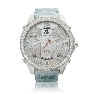 View full screen - View 1 of Lot 8198. The Five Time Zones | A stainless steel and diamond-set quintuple time zone wristwatch with date and mother-of-pearl dial, Circa 2008 |The Five Time Zones | 精鋼鑲鑽石五地時間腕錶,備日期顯示及珠母貝錶盤,約2008年製.
