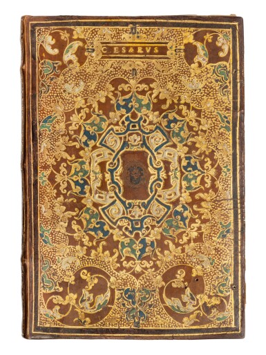 View full screen - View 1 of Lot 3. Apianus, Libro de la cosmographia, Antwerp, 1548, Lyonese binding for a member of the Malipiero family.