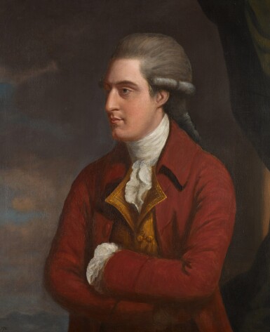 View full screen - View 1 of Lot 48. Portrait of a gentleman, half-length, wearing a red coat and white neck cloth, his arms folded.