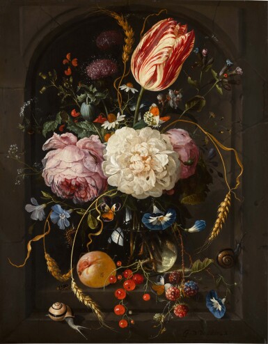 View full screen - View 1 of Lot 14. Still life of flowers in a glass vase with insects and fruits in a stone niche.