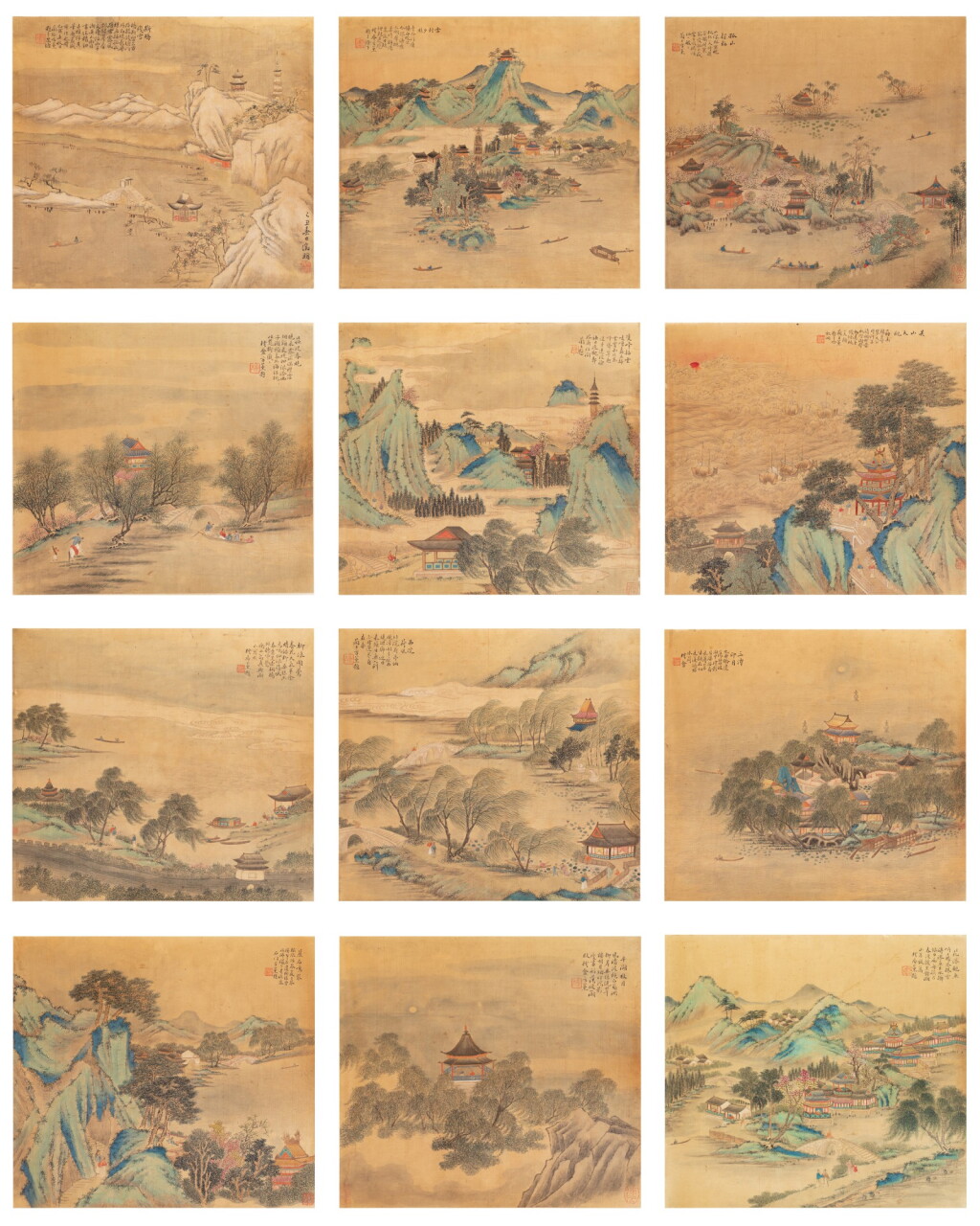 View full screen - View 1 of Lot 47. Lake landscapes In the style of Wen Zhengming Qing dynasty | 清 文徵明(款) 湖山競秀圖 十二開册 設色絹本 配藍地龍紋緙紙封面.