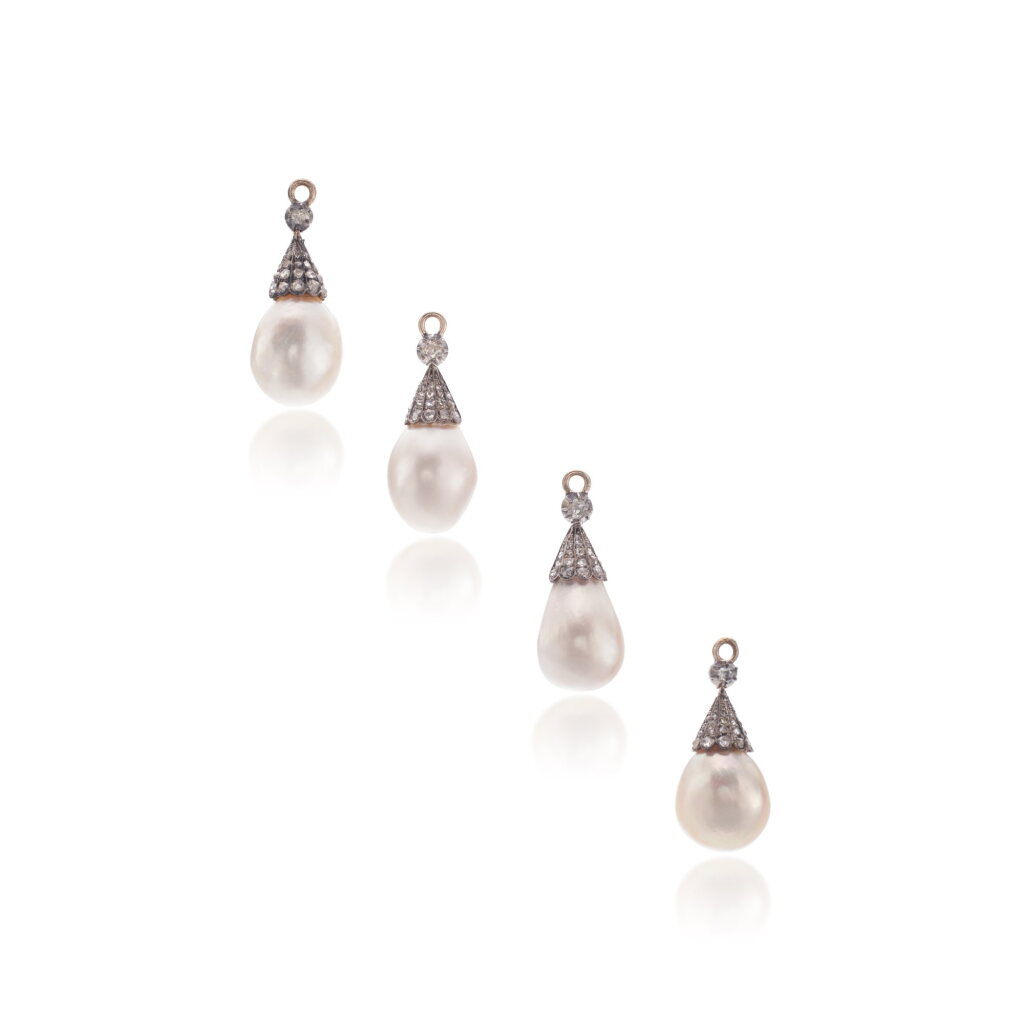 View full screen - View 1 of Lot 1088. Fine suite of natural pearl and diamond pendants, circa 1864.