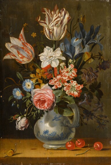 View full screen - View 1 of Lot 437. Still life with tulips, an iris, a rose, morning glories and other flowers with a dragonfly, butterfly and other insects, with cherries and a snail on a wooden ledge.
