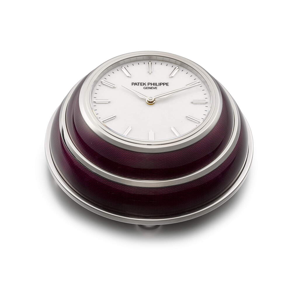 View full screen - View 1 of Lot 2177. The Hour Circle, Reference 25000M-010 | A limited edition stainless steel and flinqué enamel table clock with white quartizite dial, Circa 2021 | 百達翡麗 | The Hour Circle 型號25000M-010 | 限量版精鋼及透明琺瑯座鐘,備石英岩錶盤,約2021年製.