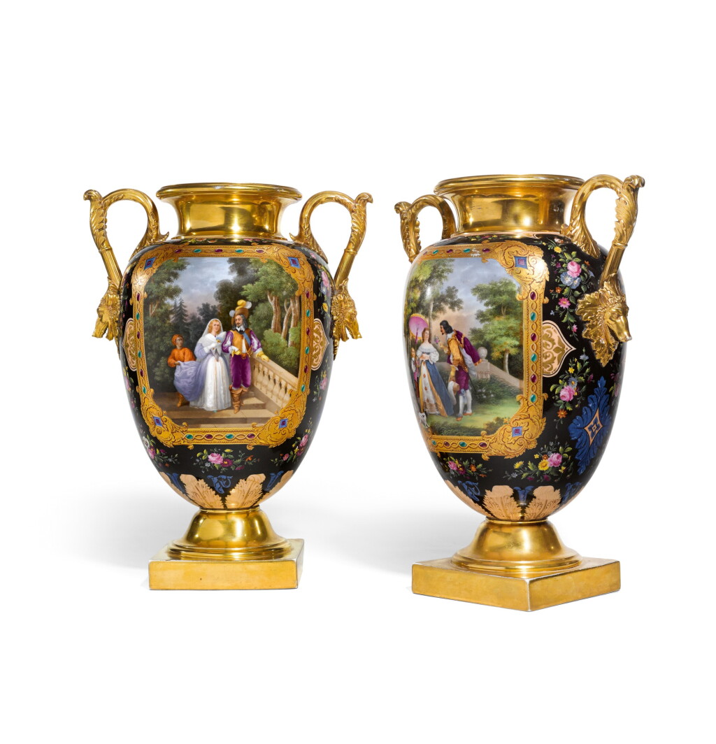 View full screen - View 1 of Lot 31. A pair of Paris (Honoré) porcelain black-ground vases, circa 1840-60.