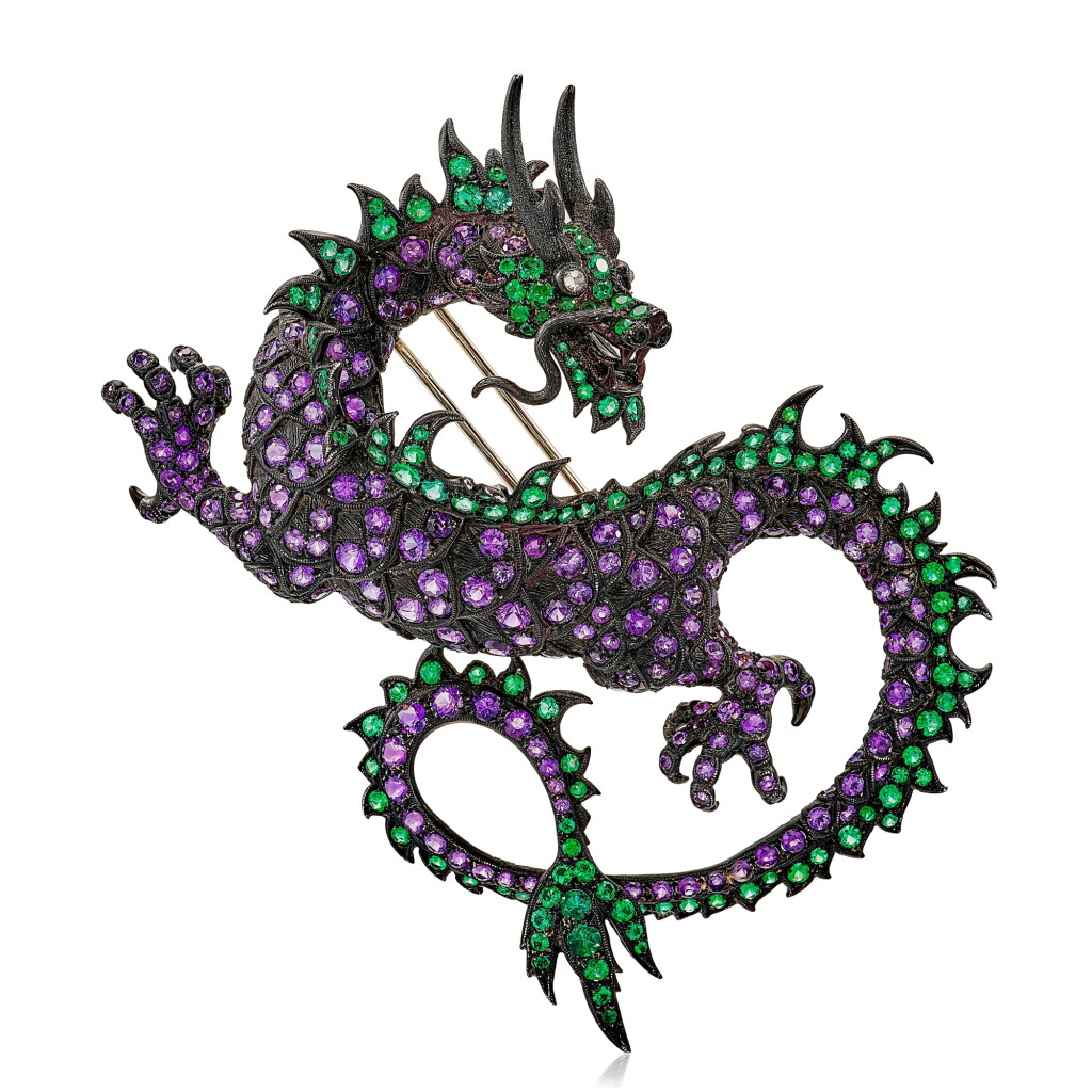 View full screen - View 1 of Lot 594. Carnet | Amethyst, Emerald and Diamond Brooch | Carnet | 紫水晶, 祖母綠 及 鑽石 胸針.