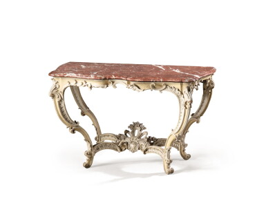 View full screen - View 1 of Lot 151. A LOUIS XV WHITE PAINTED CONSOLE | CONSOLE EN BOIS RELAQUÉ CRÈME, TRAVAIL RÉGIONAL D'ÉPOQUE LOUIS XV.
