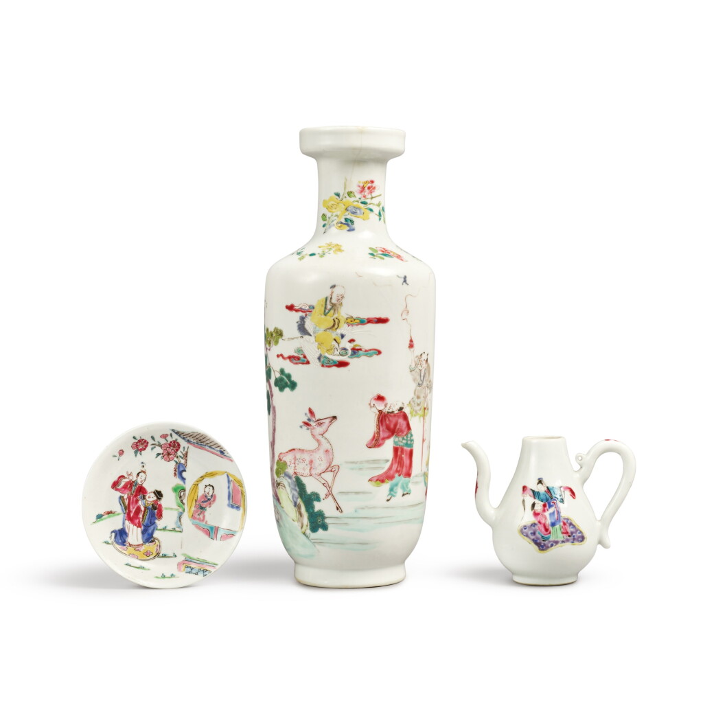 View full screen - View 1 of Lot 1325. Three famille-rose 'figural' wares, Qing dynasty, 19th century | 清十九世紀 粉彩人物故事圖瓷器一組三件.