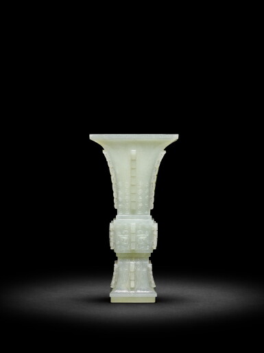 View full screen - View 1 of Lot 11. A white jade archaistic vase, fanggu, Qing dynasty, 18th - 19th century | 清十八至十九世紀 白玉仿古饕餮紋方觚.
