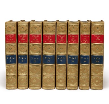 View full screen - View 1 of Lot 169. MILTON, JOHN | The Works of John Milton. London and Eton: C. Whittingham for Bickers and Son, 1867.