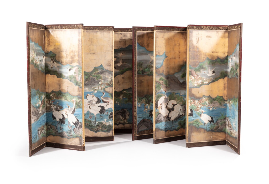 View full screen - View 1 of Lot 114. A pair of six-panel Kano School screens, 19th century | Paire de paravents, école de Kano, fin du XIXe siècle.