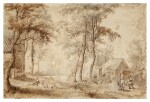 Hunters by a hut in a landscape