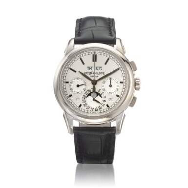 View full screen - View 1 of Lot 145. Reference 5270G-001, A white gold perpetual calendar chronograph wristwatch with moon phases, Circa 2012 百達翡麗 5270G-001 型號白金萬年曆計時腕錶備月相顯示,約2012年製.