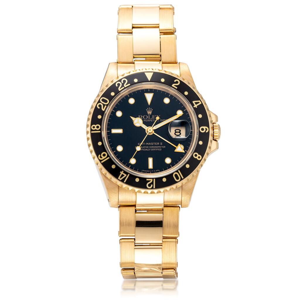 View full screen - View 1 of Lot 4. GMT-Master II, Ref. 16718 Yellow gold dual time zone wristwatch with date and bracelet Circa 1991 | 勞力士16718型號「GMT-Master II」黃金兩地時間鍊帶腕錶備日期顯示,年份約1991.
