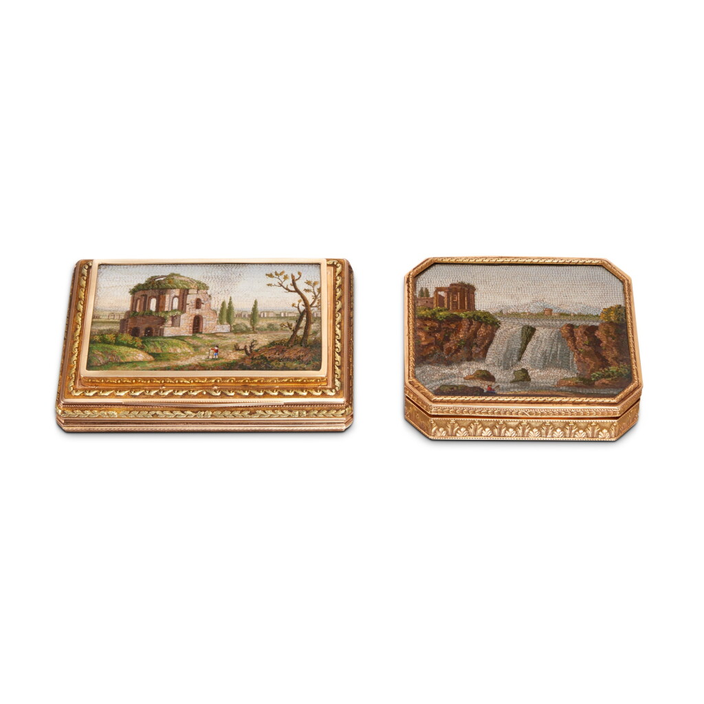 View full screen - View 1 of Lot 474. Two Gold and Micromosaic Snuff Boxes, Frères Jordan, Berlin, and Friedrich Otto Toussaint, Hanau, early 19th Century.