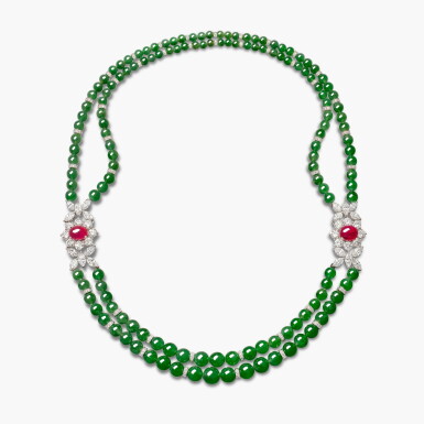 View full screen - View 1 of Lot 1792. Jadeite Bead, Ruby and Diamond Necklace | 天然翡翠珠 配 紅寶石 及 鑽石 項鏈.