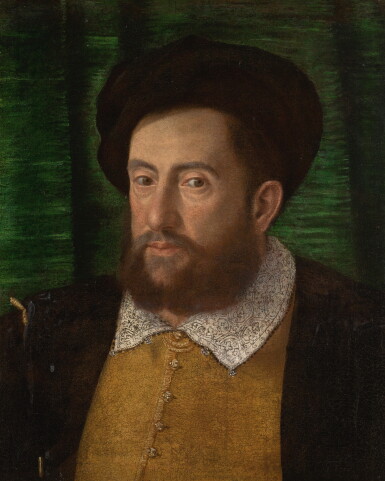 View full screen - View 1 of Lot 109. CIRCLE OF GIROLAMO DA CARPI | Portrait of a gentleman, bust-length, in a brown doublet, an embroidered collar and a black robe and hat, against a green background.