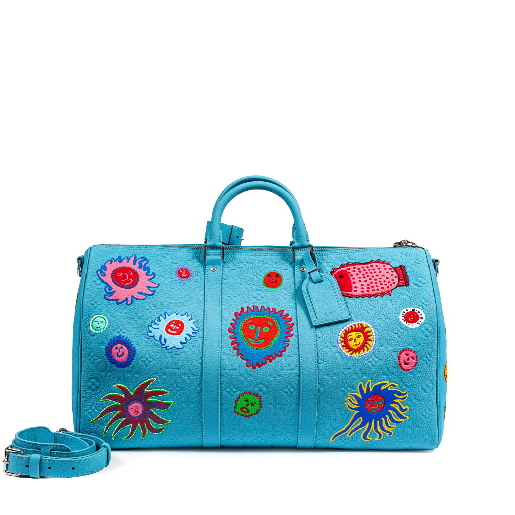 View full screen - View 1 of Lot 712. Yayoi Kusama Blue Keepall Bandoulière 50 Embossed Leather with Colorful Face Appliques Silver Hardware, 2023.