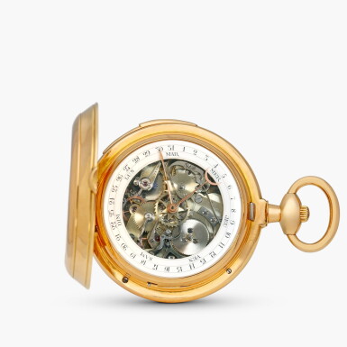 View full screen - View 1 of Lot 2555. A pink gold semi-skeletonised double dialled minute repeating annual calendar hunting case keyless lever watch, with moon phases, enamel dial and Haas patented cover winding system, Circa 1890 .