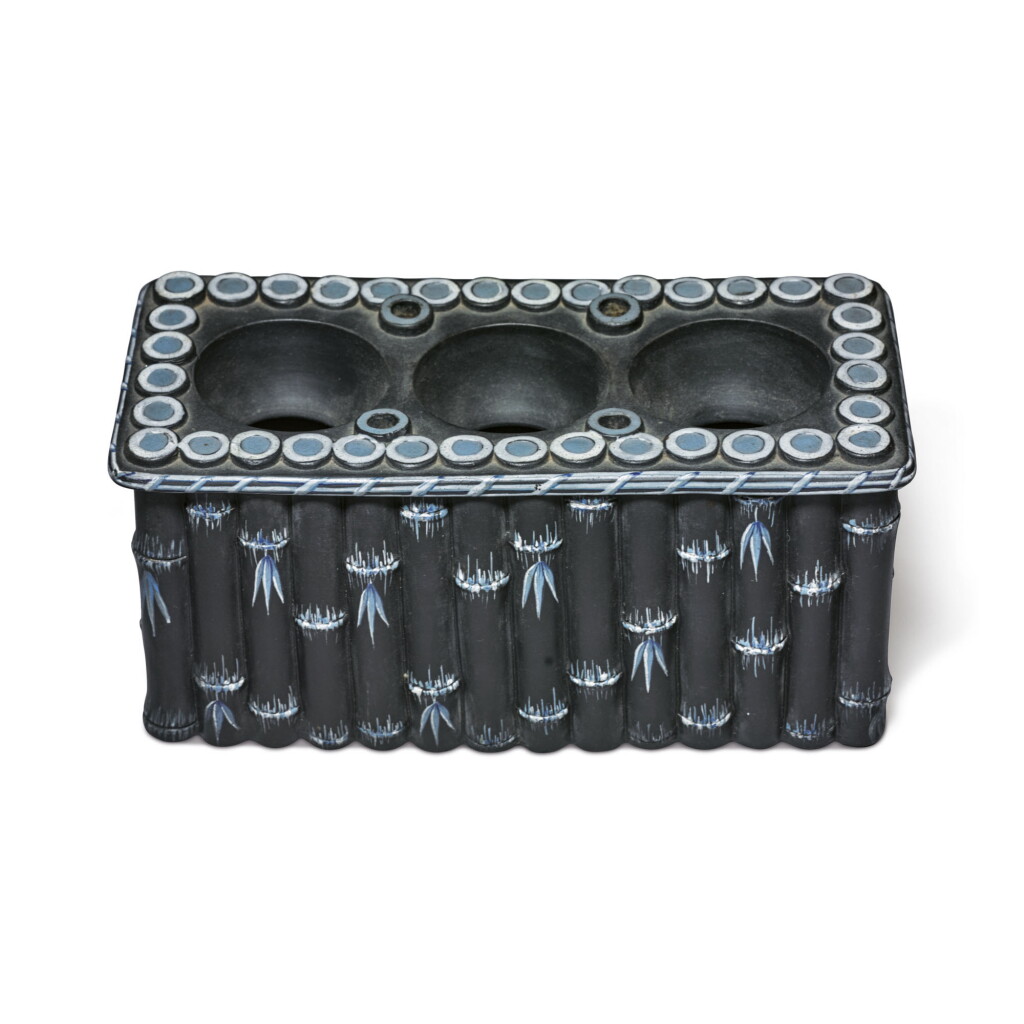 View full screen - View 1 of Lot 175. A WEDGWOOD BLACK JASPERWARE BAMBOO-MOLDED RECTANGULAR BOUGH POT AND PIERCED COVER CIRCA 1800 .
