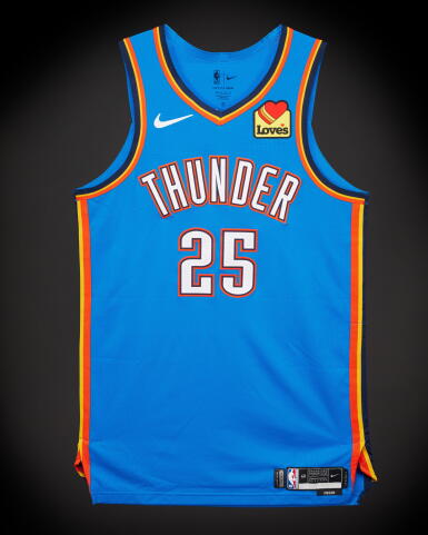 View full screen - View 1 of Lot 25. Ajay Mitchell Oklahoma City Thunder 2026 NBA Playoffs Western Conference Round 1 Game Worn Icon Edition Jersey | Game 1 | Matched to 2 Games.
