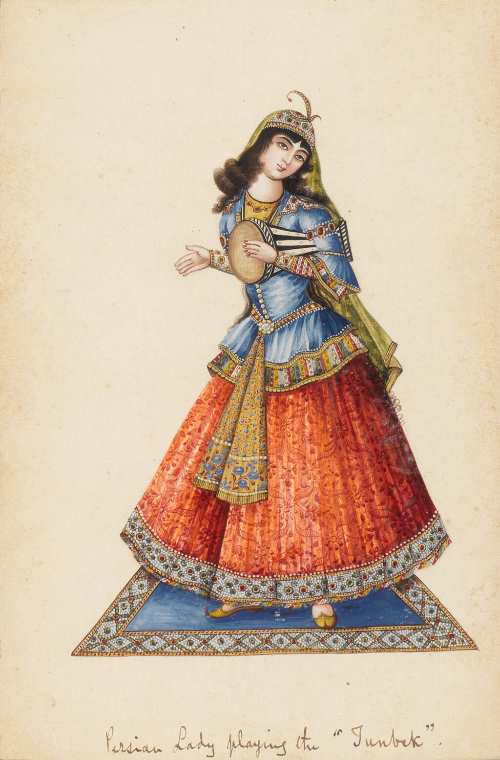 View full screen - View 1 of Lot 549. A Persian lady playing the 'Tunbak' (drum), Persia, Qajar, circa 1850.