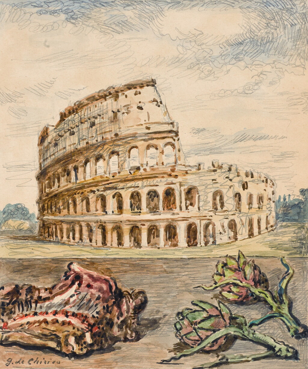 View full screen - View 1 of Lot 69. Veduta di Roma con abbacchio e carciofi (View of Rome with roast lamb and artichokes).