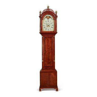 View full screen - View 1 of Lot 1702. THE WEBSTER-WRIGHT FAMILY VERY FINE FEDERAL INLAID AND FIGURED MAHOGANY TALL CASE CLOCK, WORKS BY NATHANIEL MUNROE, CONCORD, MASSACHUSETTS, CIRCA 1810.