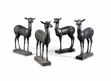 View full screen - View 1 of Lot 9. A SET OF FOUR PATINATED BRONZE FALLOW DEER, AFTER AN ANTIQUE MODEL OF NAPLES NATIONAL ARCHAEOLOGICAL MUSEUM | SUITE DE QUATRE DAIMS EN BRONZE À PATINE BRUNE, D’APRÈS UN MODÈLE ANTIQUE CONSERVÉ AU MUSÉE NATIONAL D’ARCHÉOLOGIE DE NAPLES.