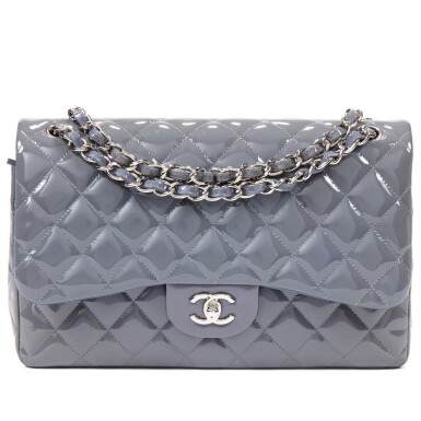 View full screen - View 1 of Lot 24. Grey Quilted Patent Leather Timeless Classic Jumbo Double Flap Silver Hardware, 2012.