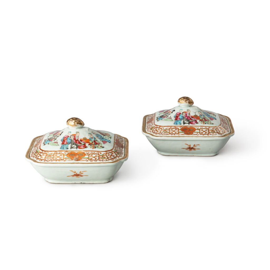 View full screen - View 1 of Lot 127. Two famille rose 'figural' tureens and covers, Qing dynasty, 18th century | 清十八世紀 粉彩描金人物故事帶蓋小湯盆兩件.