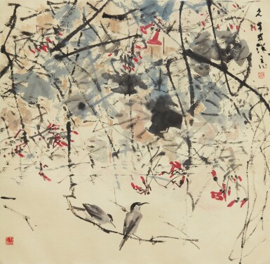 View full screen - View 1 of Lot 766. Chen Wen Hsi 陳文希 | Pair of birds under branches and flowers 花枝下的一對鳥.