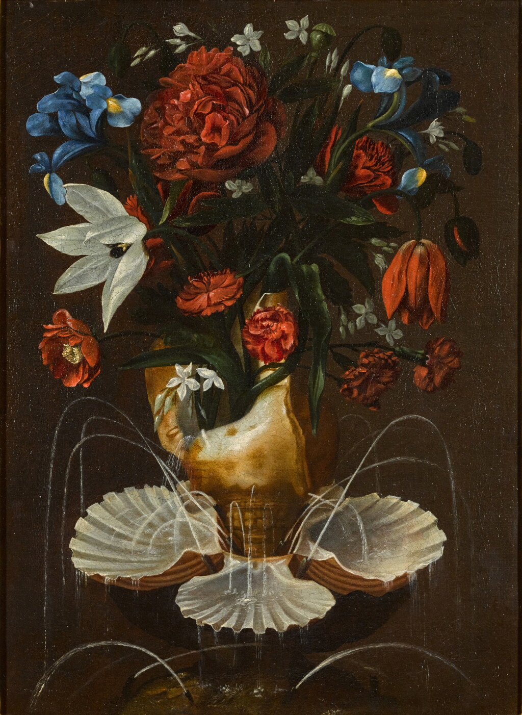 View full screen - View 1 of Lot 13. ANTONIO PONCE | STILL LIFE WITH PEONIES, CARNATIONS, BLUE IRISES AND OTHER FLOWERS IN A SHELL FOUNTAIN.