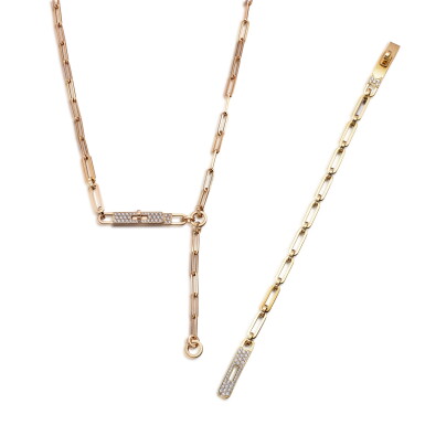 View full screen - View 1 of Lot 6216. Set of Two Yellow Gold and Diamond Kelly Chaine Bracelet and Rose Gold and Diamond Kelly Chaine Lariat Necklace.