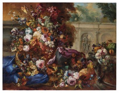View full screen - View 1 of Lot 34. Still Life of Flowers and Fruit Before a Classical Portico.