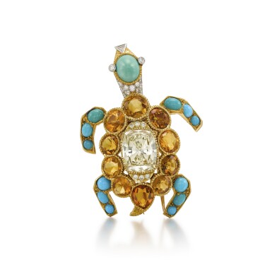 View full screen - View 1 of Lot 237. Citrine, Turquoise and Diamond Turtle Brooch.